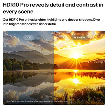 LG NANO 4K UHD AI nu70 highlights HDR10 Pro in a split scenic image comparing SDR and HDR10 Pro, revealing brighter highlights, deeper shadows, and enhanced contrast in a sunset lake scene for richer detail and clarity.